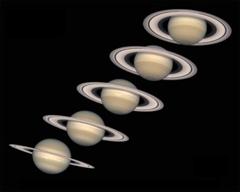 Montaje de im�genes tomadas por el Hubble en las que se ve como var�a el aspecto de Saturno visto desde la Tierra. Tomada de hubble.stsci.edu